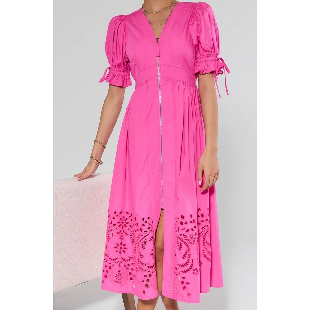 Entro Pink Eyelet Midi Dress Women's Medium NWT Puff Sleeves VNeck Zip Closure